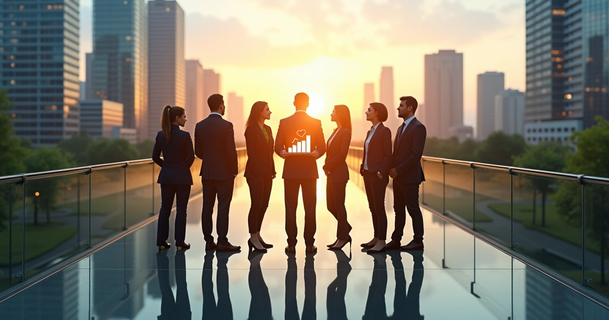 Executive team standing on a walkway between city and nature landscapes 