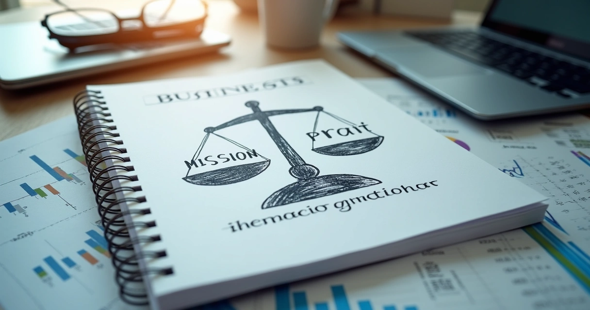 Notebook with a balanced scale between mission and profit