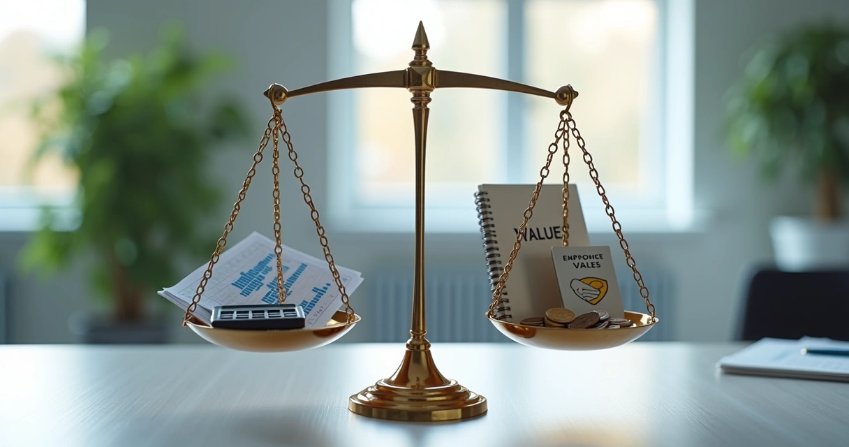Balanced scales with business charts and ethical values