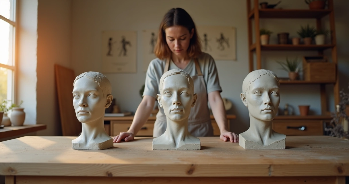 Person observing three clay busts symbolizing different self-images on a studio table 