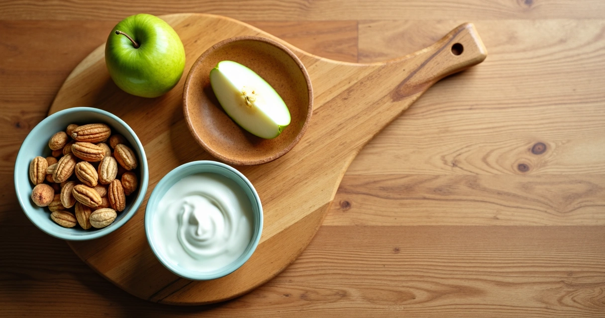 Bowl of mixed nuts, sliced apple, and low-fat yogurt on a wooden table 