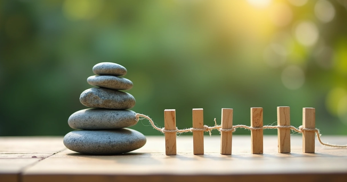 Stacked stones beside connected threads symbolizing balance and relationships
