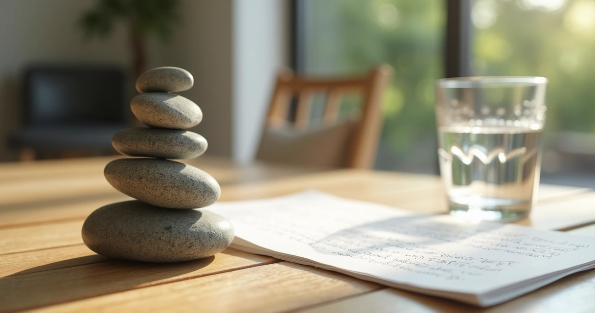 Balanced stones and calm space symbolizing emotional balance