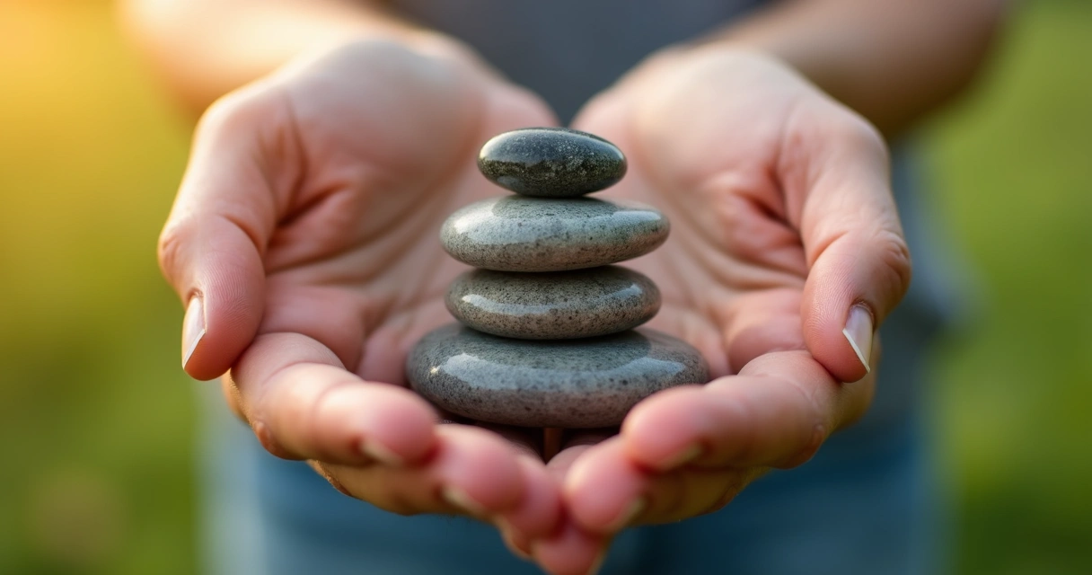 Hands holding balanced stones in soft outdoor light 