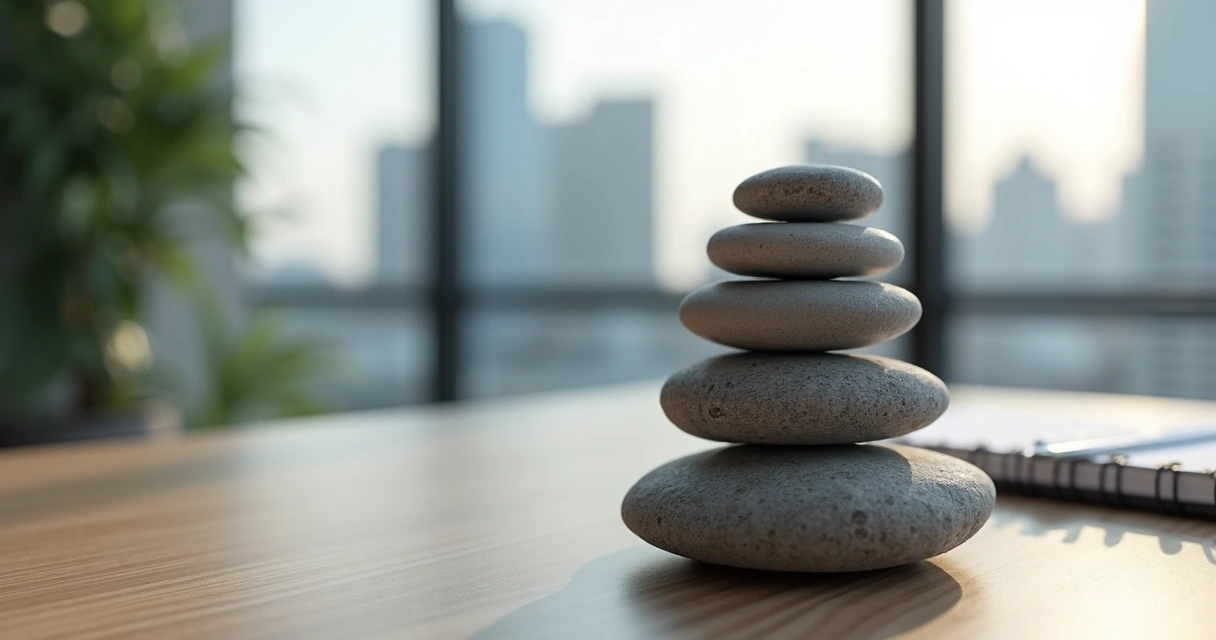 Stacked stones beside a window in a quiet office