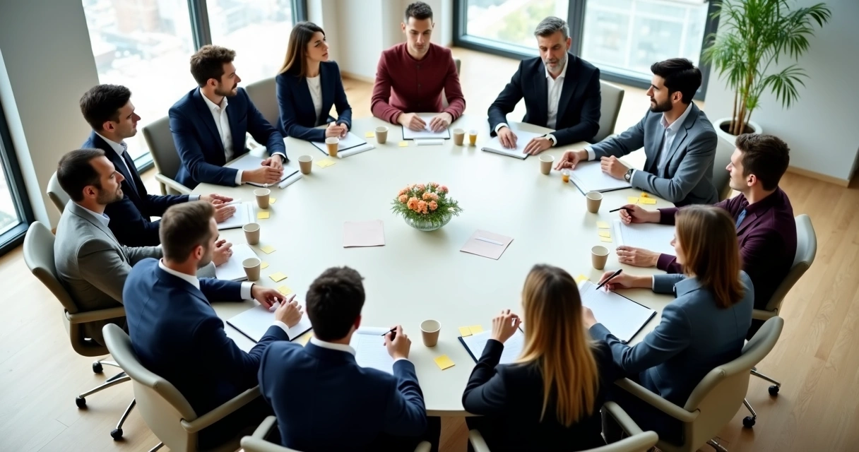 Roundtable discussion with balanced participation in an office