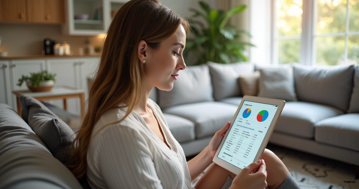 Moradora visualiza balancete financeiro do condomínio em um tablet 