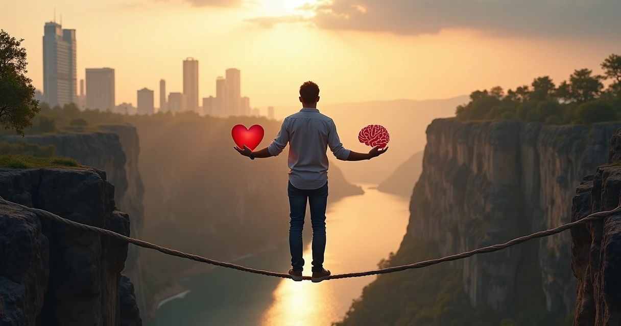 Human figure balancing heart and brain on a tightrope between city and nature 
