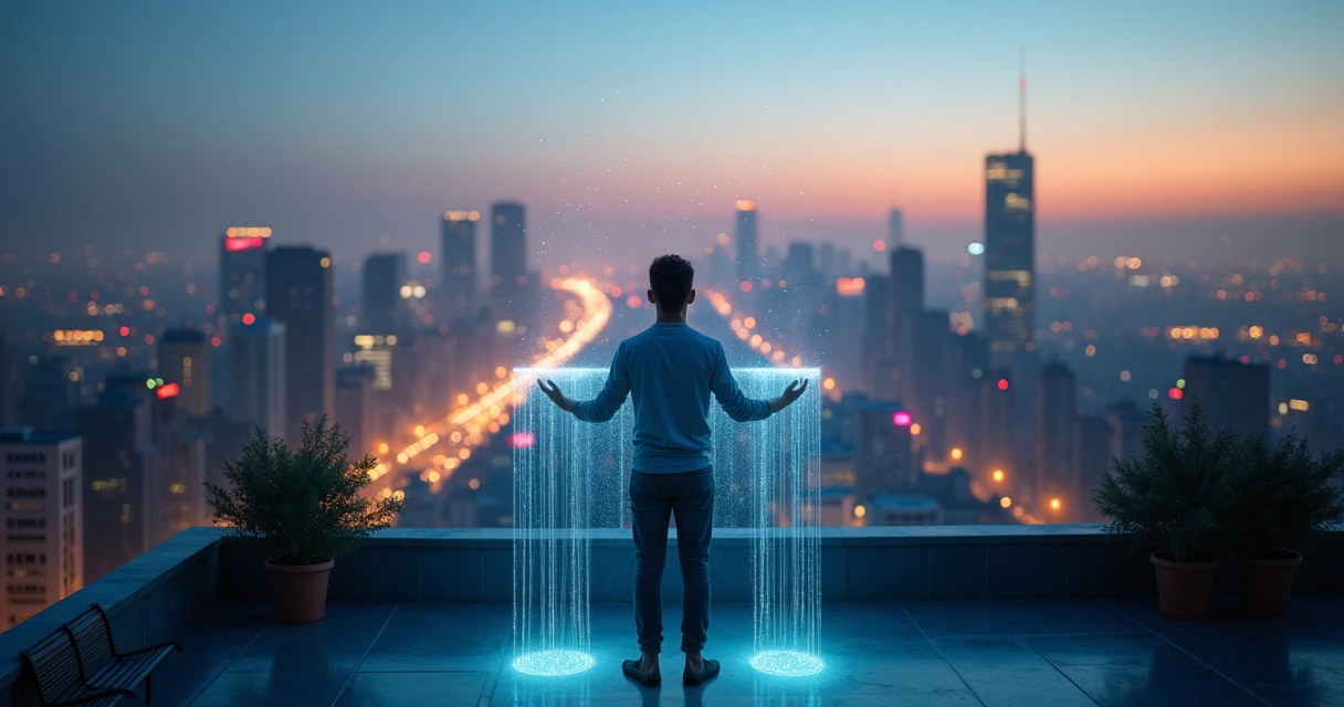 Person on rooftop balancing glowing threads amid chaotic city lights 