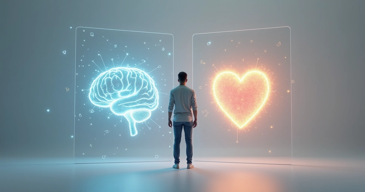 Person standing between abstract brain and heart symbols balancing intuition and logic 