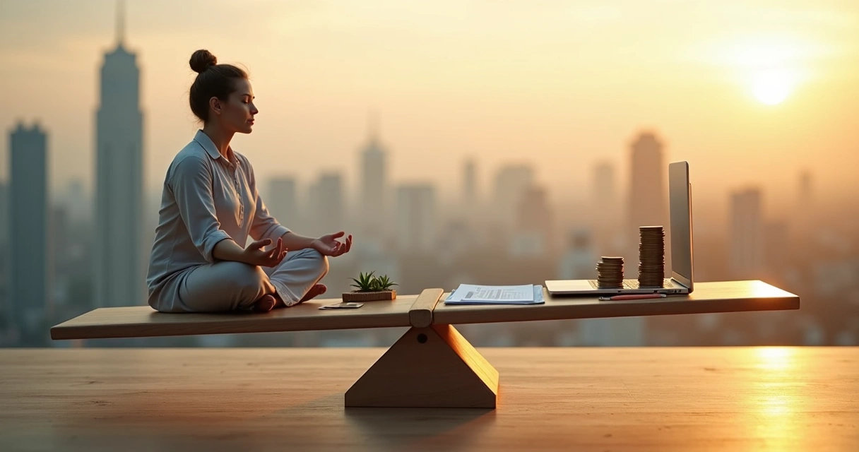 Person balancing meditation and finance on a seesaw in a city skyline 