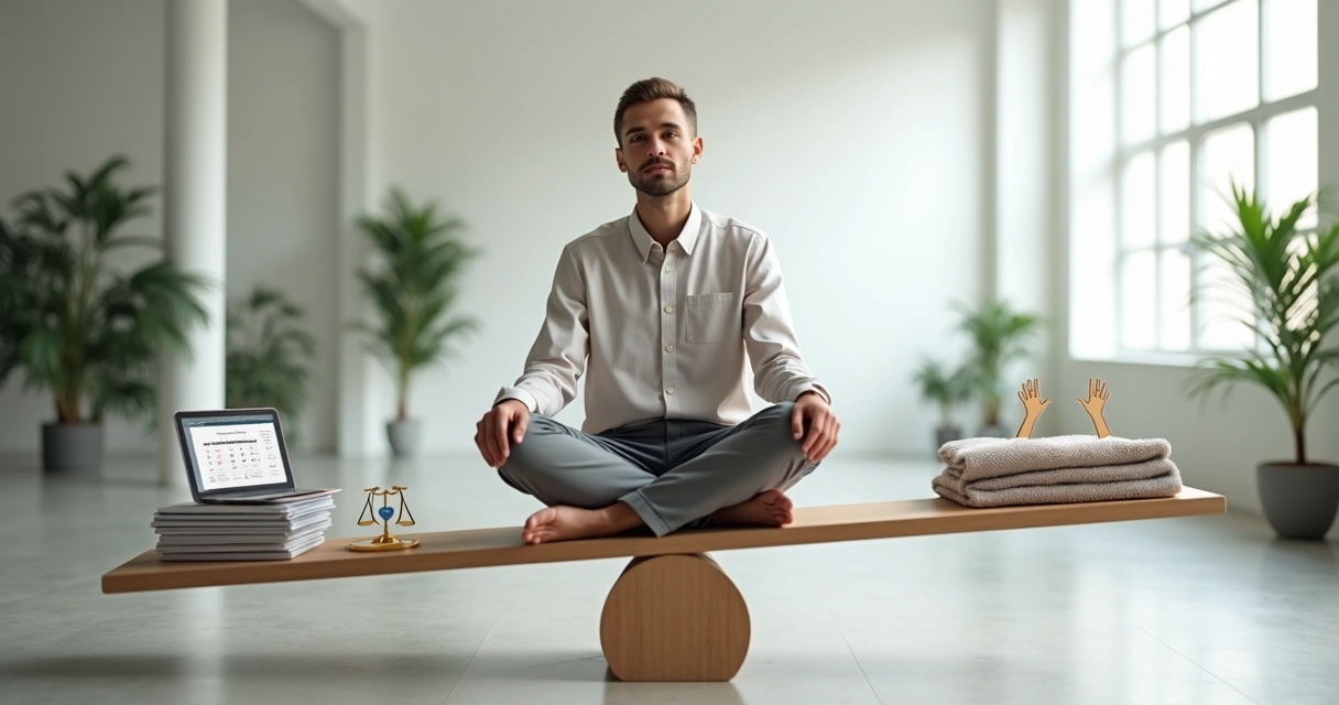 Person balancing responsibility and empathy on a seesaw in a calm office 