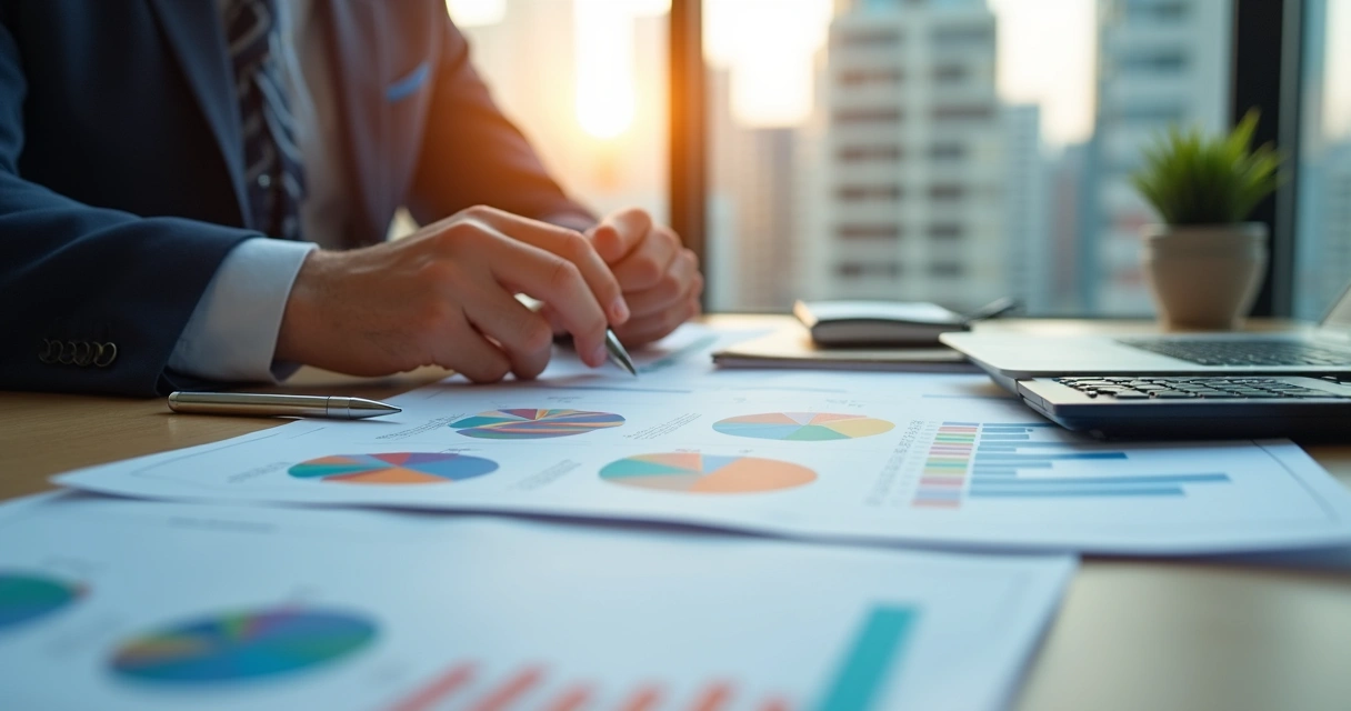 Executivo analisando relatório financeiro com gráficos e planilhas 