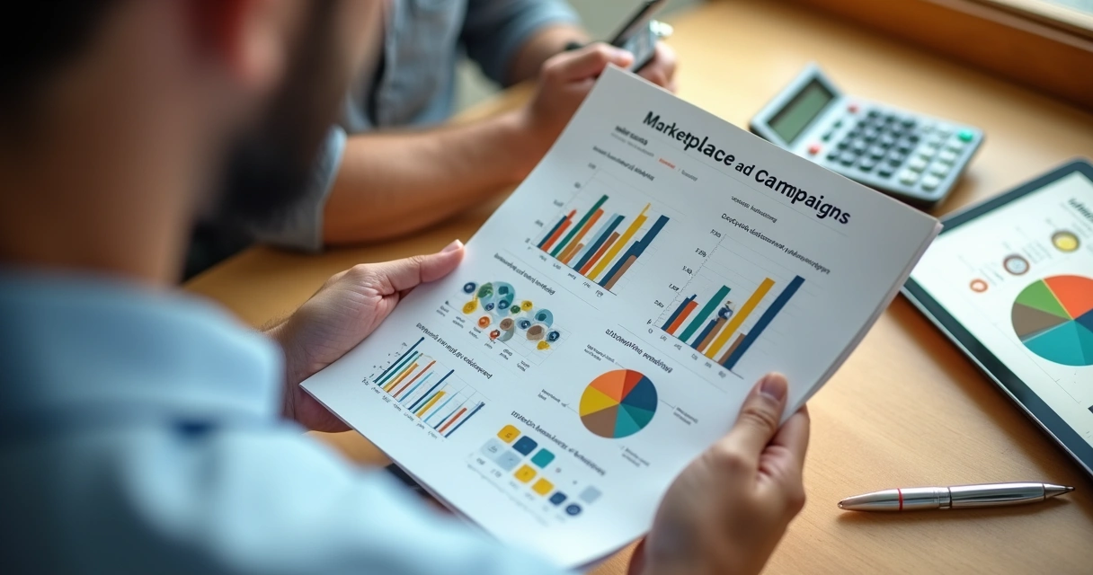 Pessoa fazendo balanço dos resultados de anúncios em marketplace com gráficos financeiros 