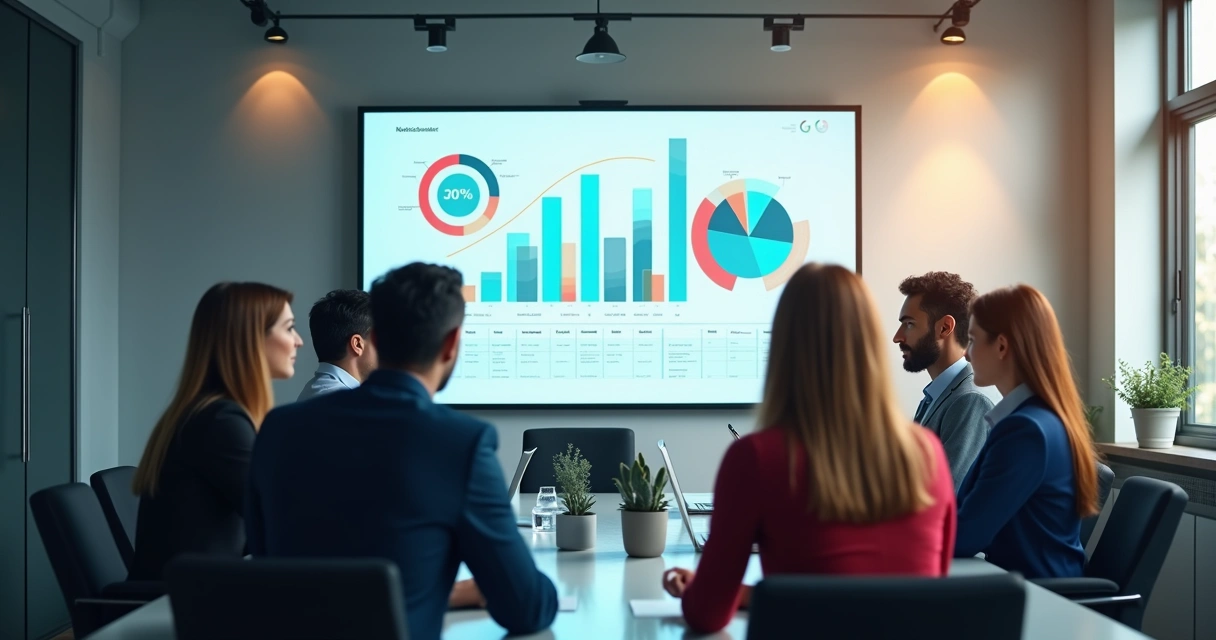 Gestores em sala de reunião analisando atualização de balanço 