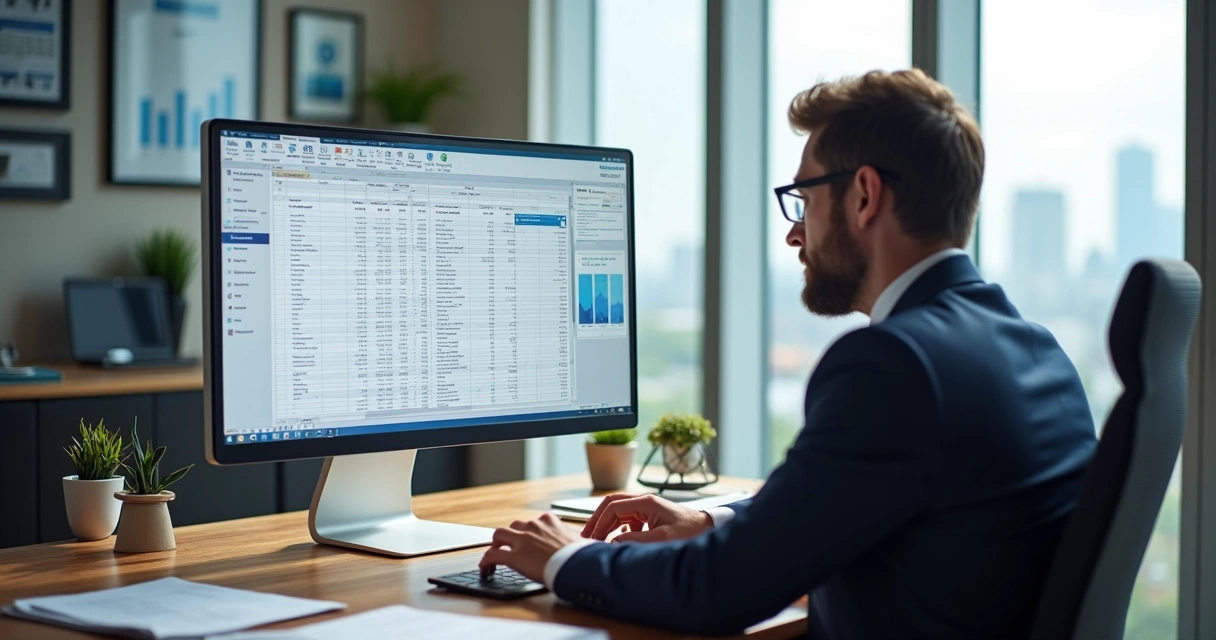 Gestor analisando fluxo de caixa de empresa em tela de computador