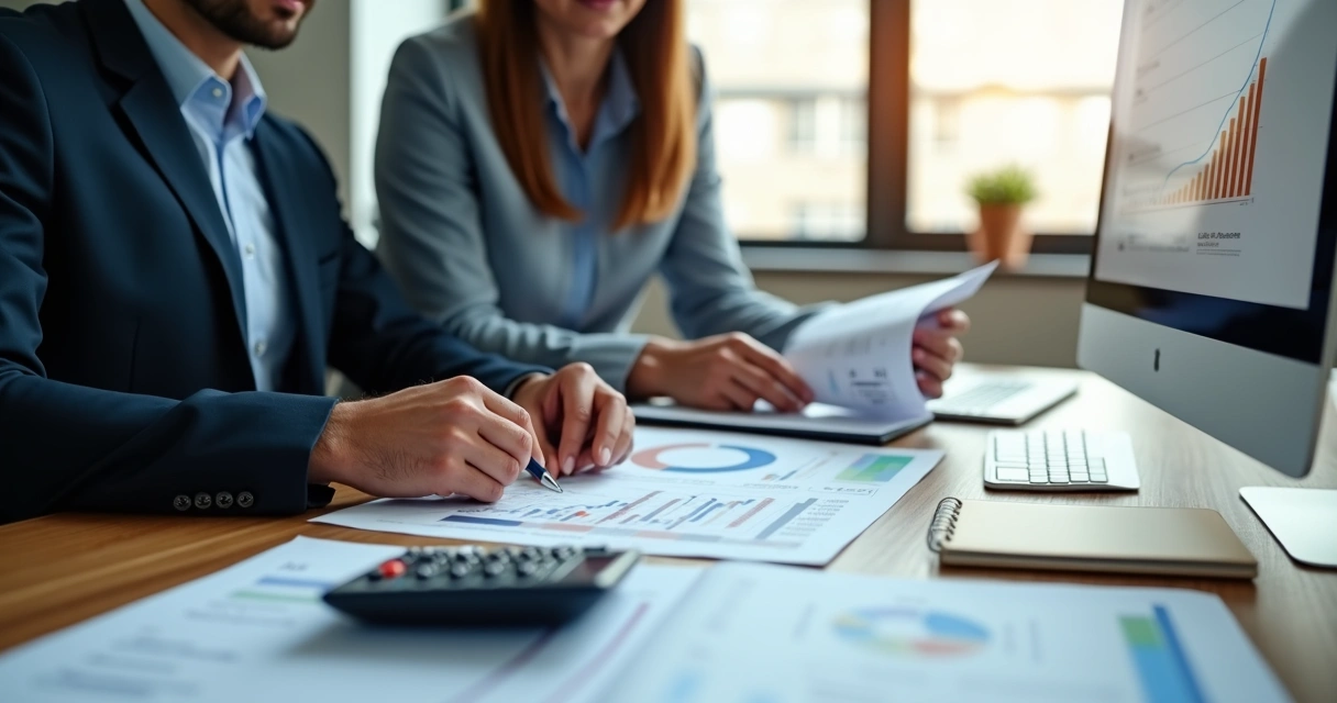 Empresário e contador juntos analisando relatórios financeiros em escritório moderno 
