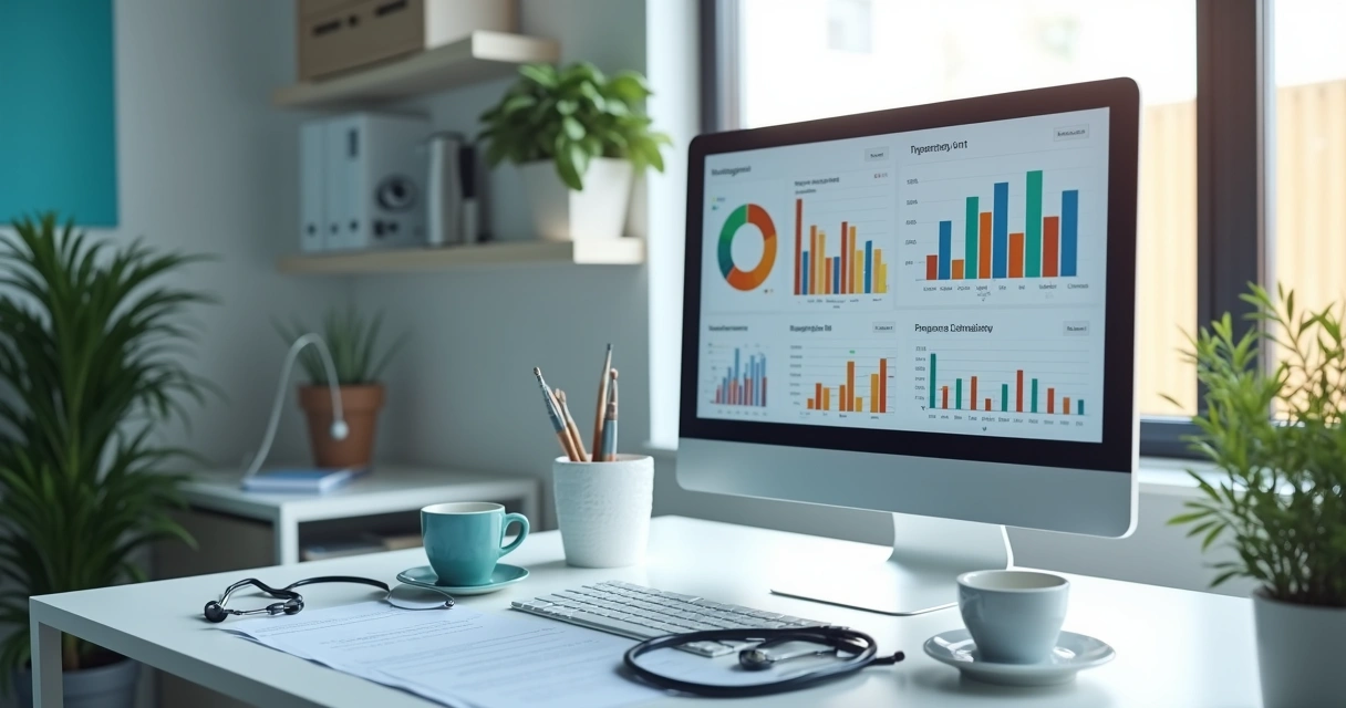 Computador em mesa de consultório médico mostrando painel financeiro 