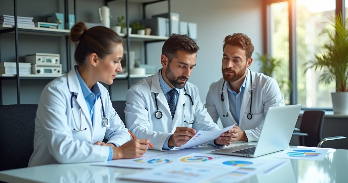 Reunião de equipe médica e contábil analisando relatório financeiro detalhado