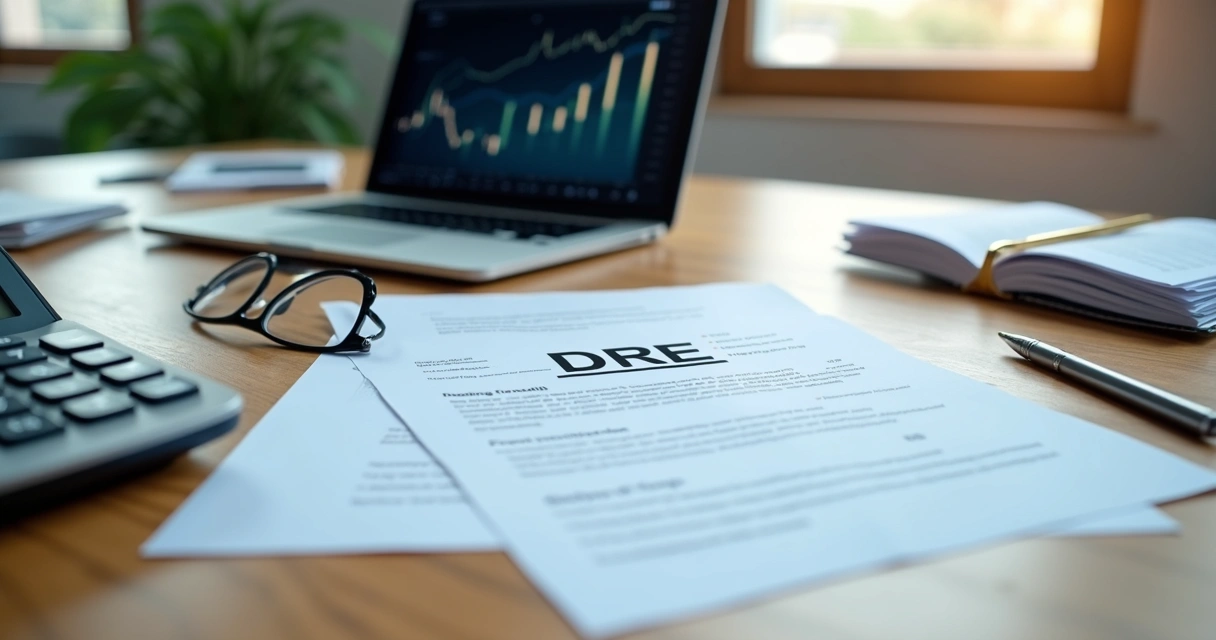 Documento financeiro DRE sobre mesa com calculadora e laptop ao lado 