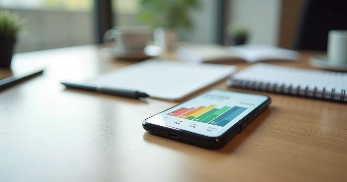 Celular com gráfico de barras financeiras na tela