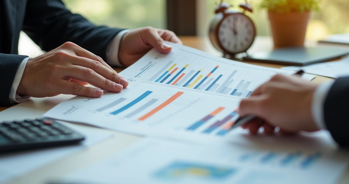 Duas mãos analisando documentos com gráficos e calculadora 