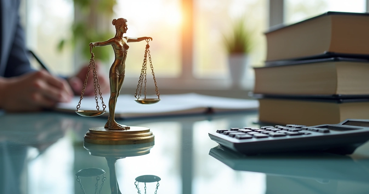 Livros contábeis e balança da justiça em mesa de escritório