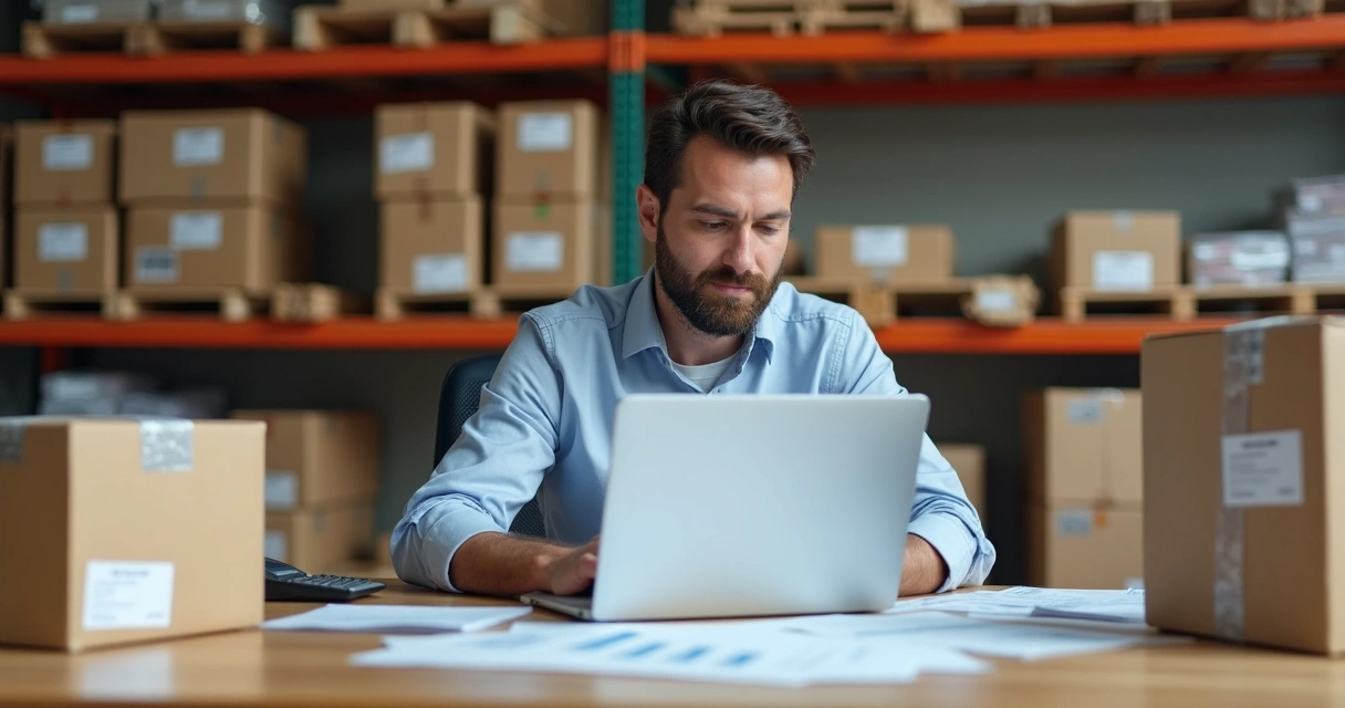 Empresário analisando balanço contábil em loja virtual 