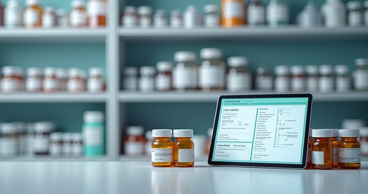 Frascos de medicamentos controlados organizados em prateleira na farmácia 