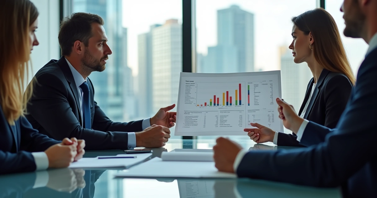 Executivos mostrando balanço a investidores 