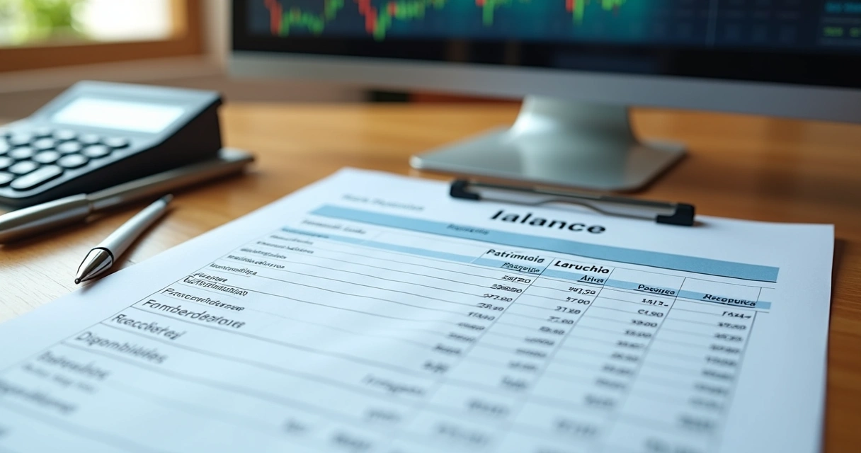 Documento de balanço patrimonial com colunas de ativo, passivo e patrimônio líquido sobre mesa de escritório com calculadora e caneta 