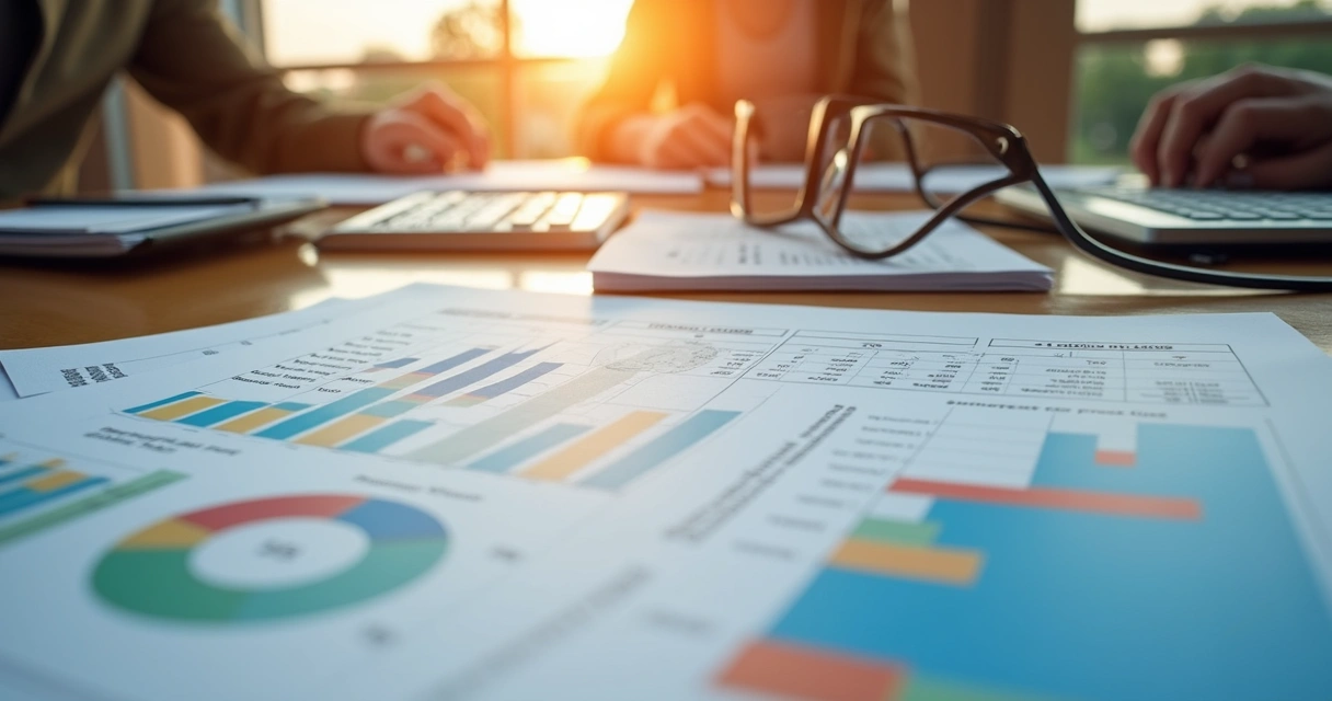 Relatório contábil impresso com gráficos e calculadora ao lado 