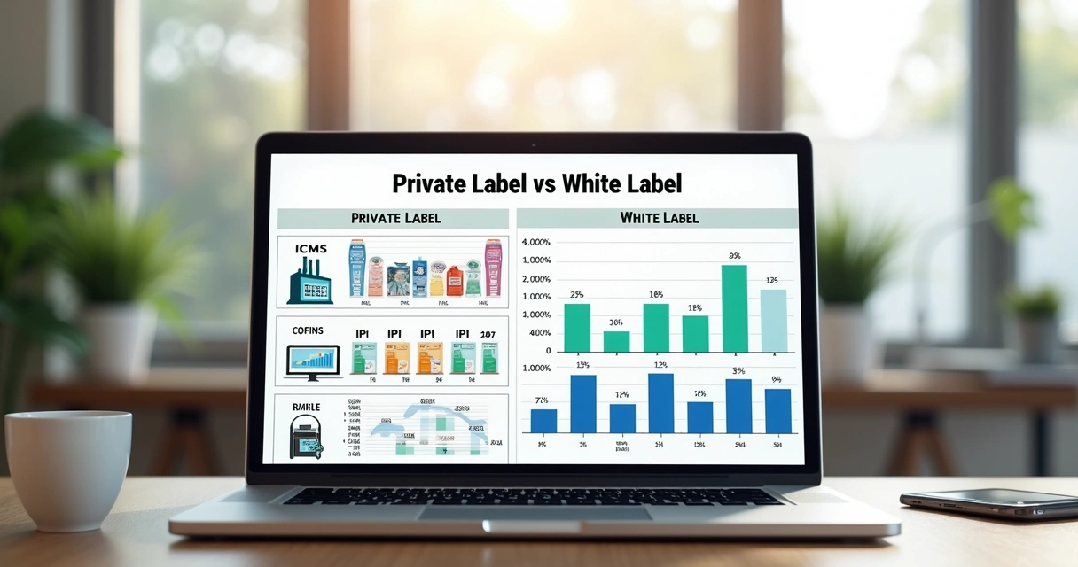 Tabela comparativa entre Private Label e White Label com gráficos e ícones fiscais detalhados 