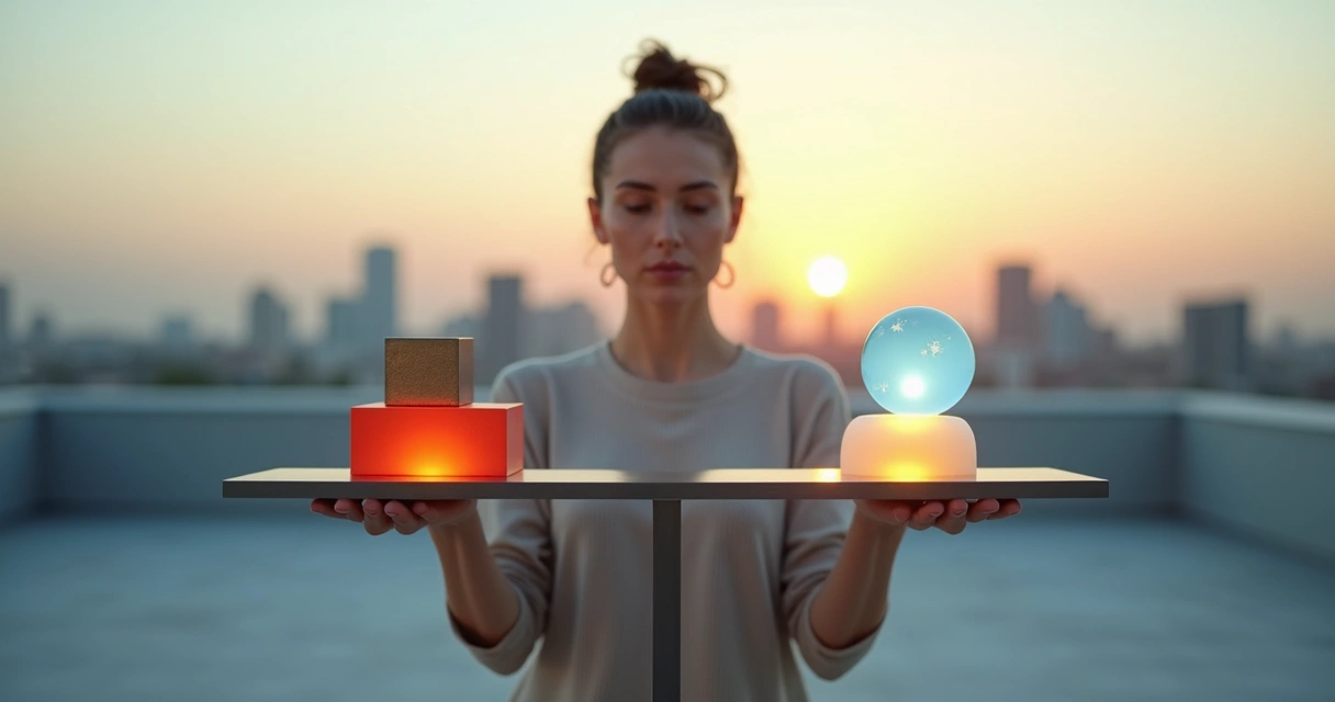 Persona equilibrando una balanza luminosa entre rigor y calma interior 