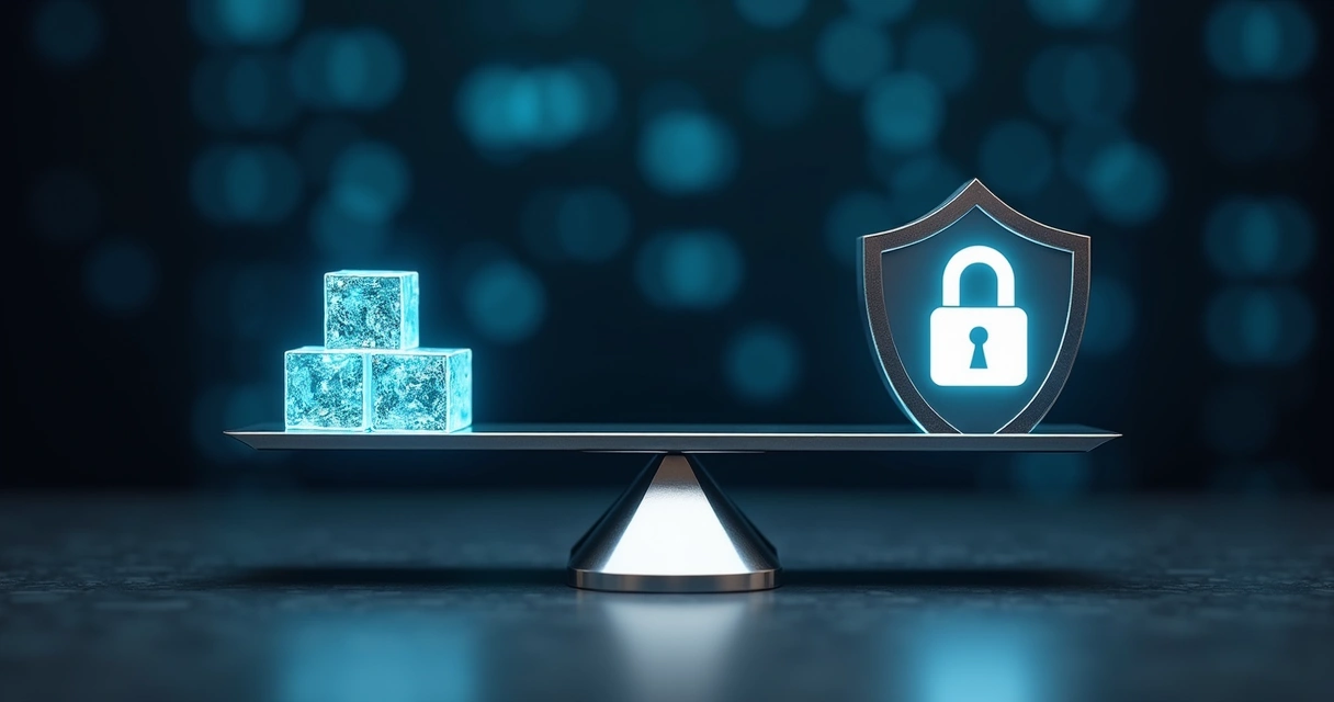 Balanza con íconos de datos y privacidad en entorno digital
