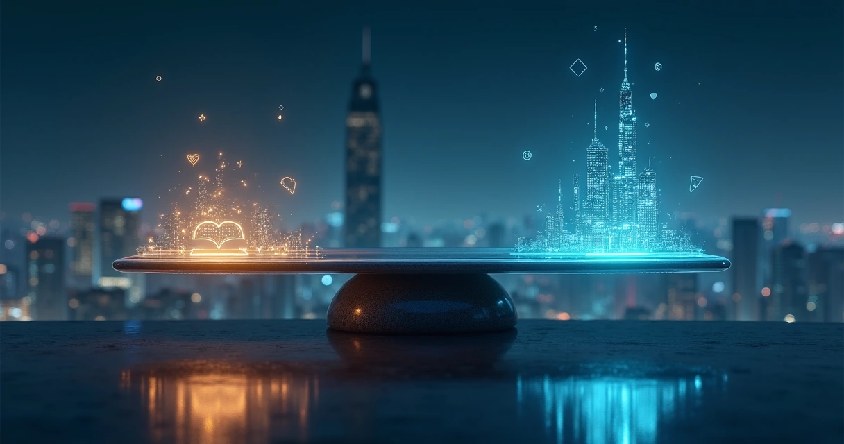 Balanza luminosa con símbolos digitales sobre ciudad nocturna 