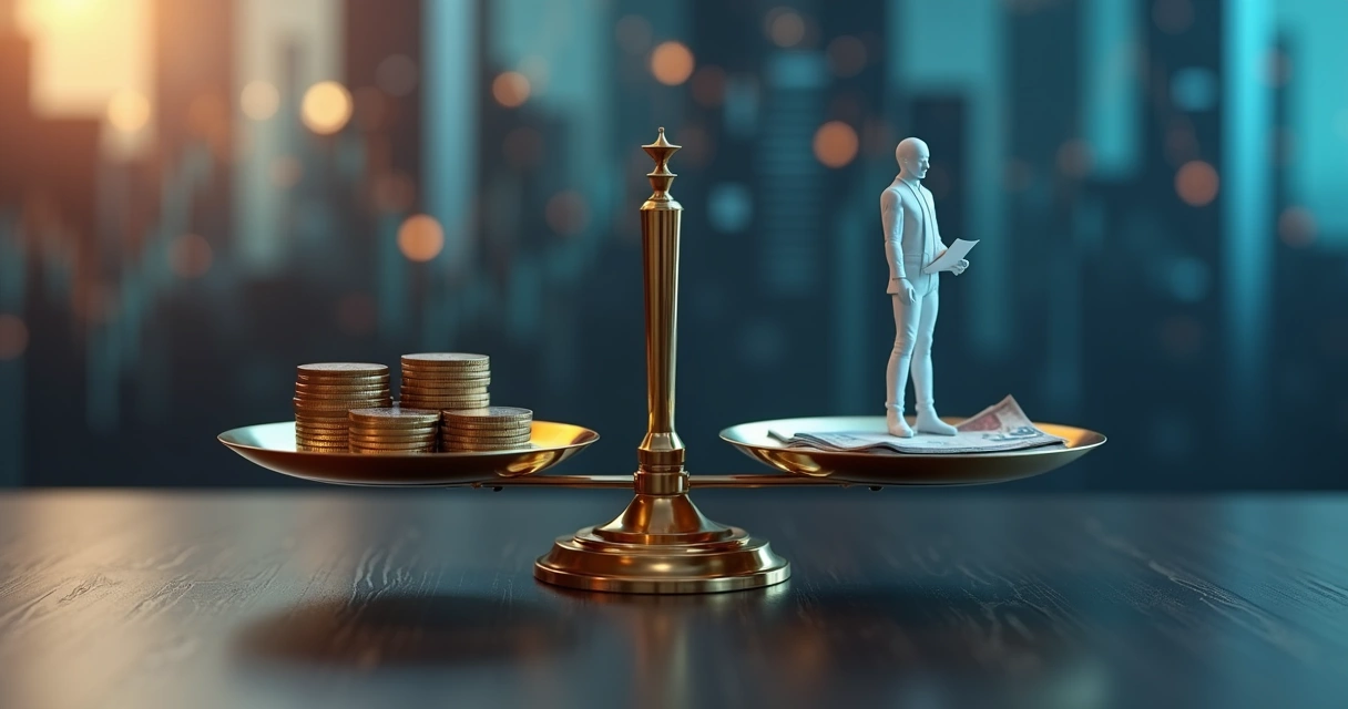 Balanza dorada equilibrando dinero y una figura humana pensativa 