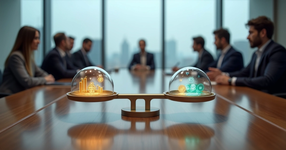 Manos sosteniendo una balanza luminosa sobre mesa de reuniones empresarial 