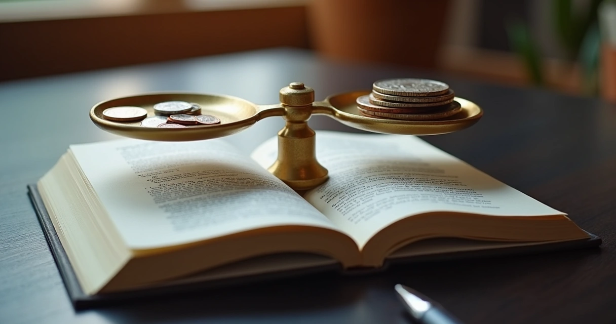 Balanza con monedas y libreta de decisiones sobre una mesa 