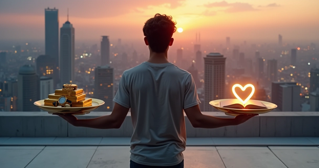 Persona frente a balanza que compara éxito material y valor humano 