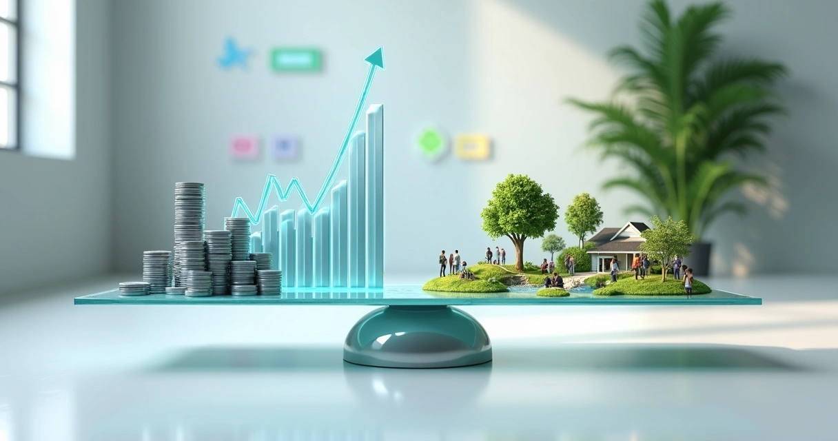 Balanza transparente comparando cifras financieras con comunidades y naturaleza 