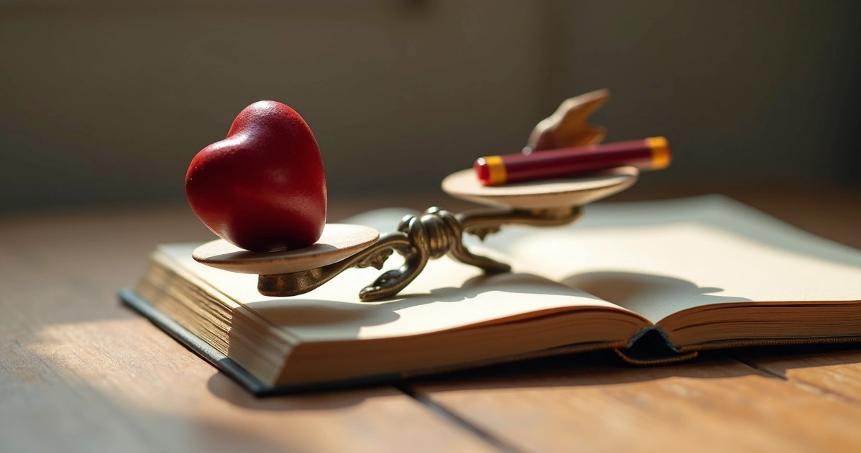 Balanza simbólica con corazón y cuaderno sobre mesa 