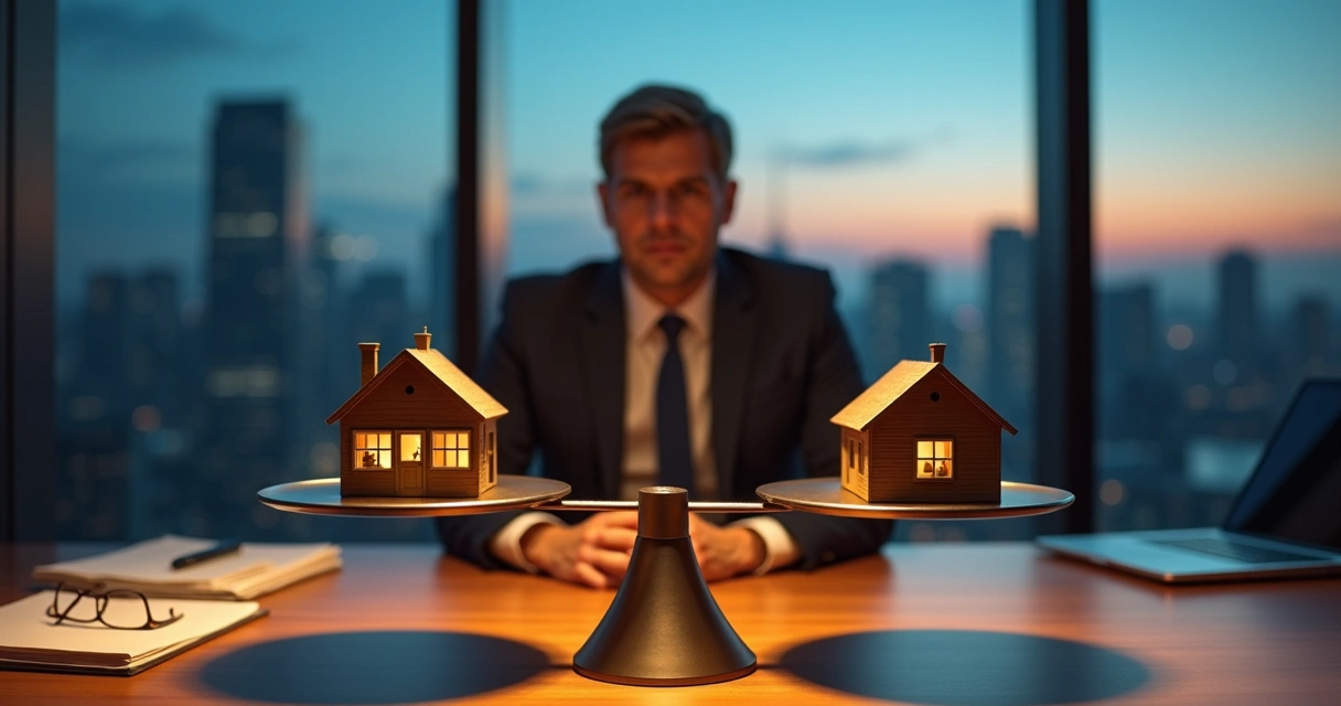 Profesional observando balanza con casa familiar y código ético 