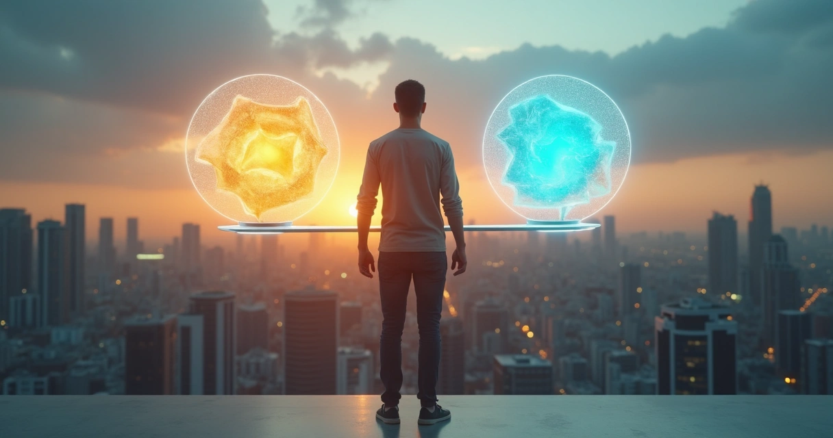 Persona observando una gran balanza luminosa sobre la ciudad al atardecer 