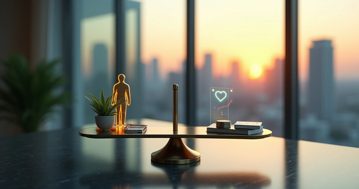 Balanza con figura humana y símbolos económicos equilibrados 