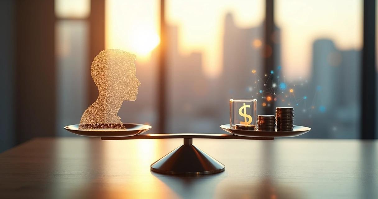 Balanza con una persona y símbolos financieros en equilibrio 