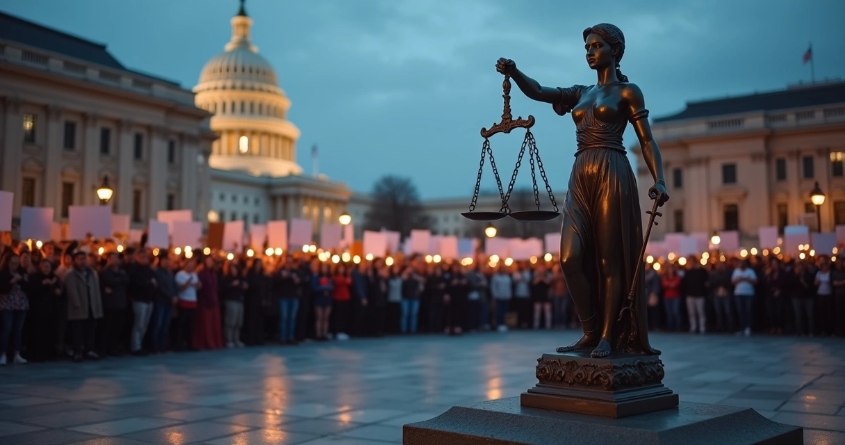 Balanza de justicia frente a una multitud