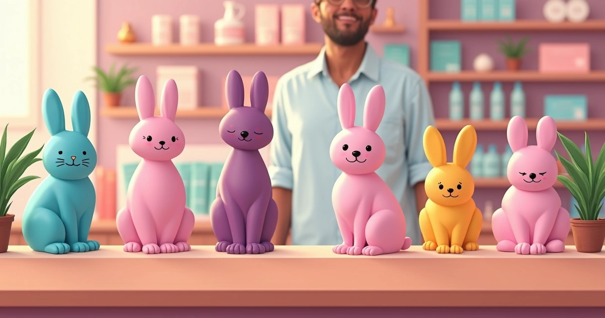 Balcão de loja Ahava Sex Shop Blumenau exibindo variedade de vibradores. 