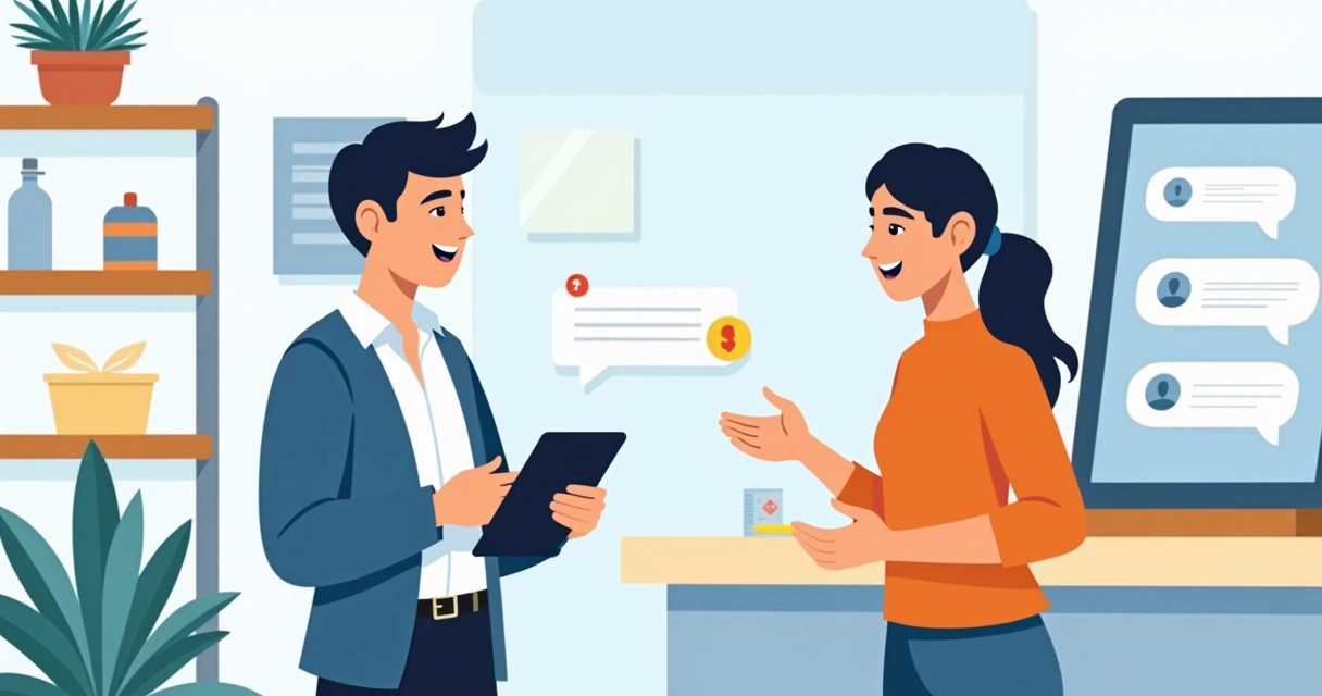 Atendente conversando com cliente em loja pequena