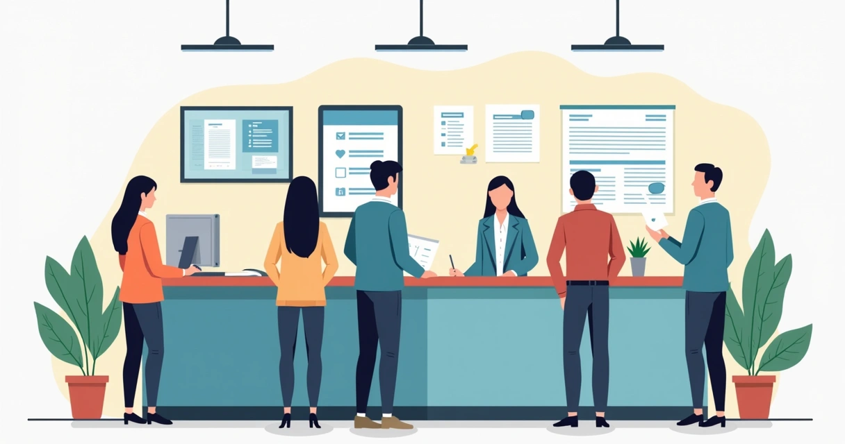 Cidadãos no balcão de atendimento de órgão público recebendo orientação prática de servidores.